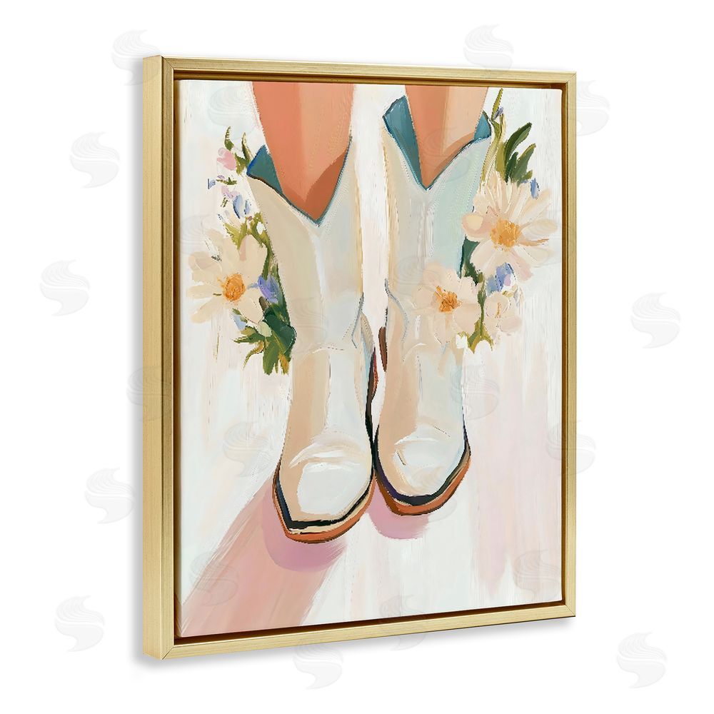 The Prints Vibe Blooming Cowgirl Boots Gold Floating Frame Stretched Canvas Wall Art Print