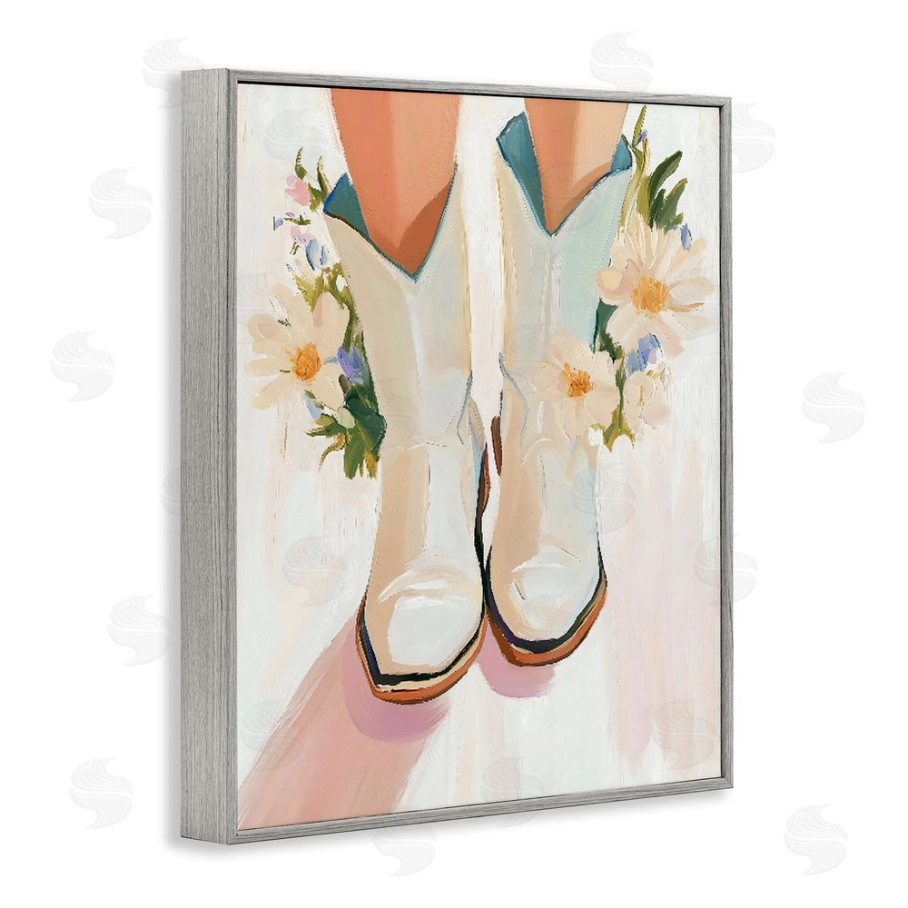 The Prints Vibe Blooming Cowgirl Boots Gray Framed Giclee Wall Art Print