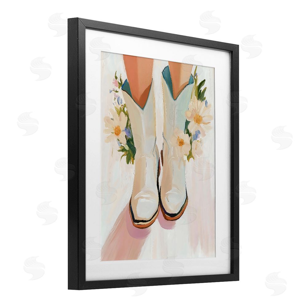 The Prints Vibe Blooming Cowgirl Boots Black Framed Print Under Glass with Matting Wall Art