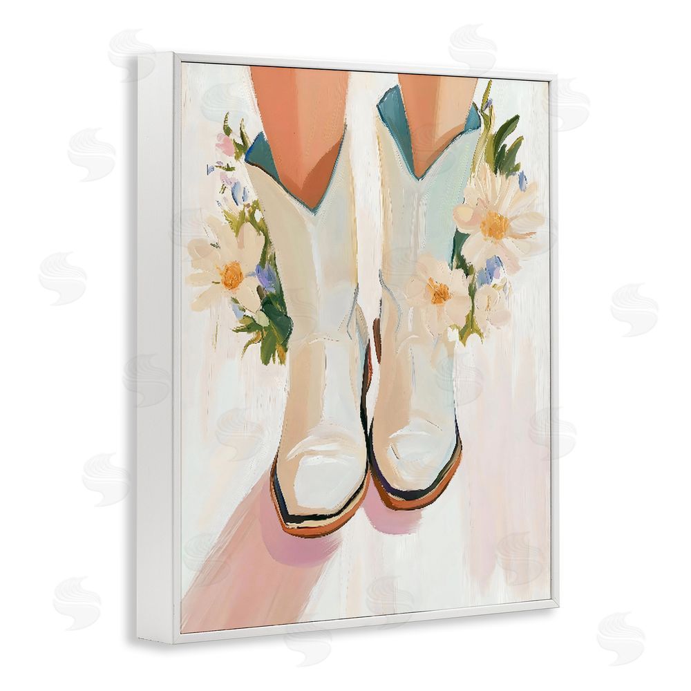 The Prints Vibe Blooming Cowgirl Boots White Framed Giclee Wall Art Print