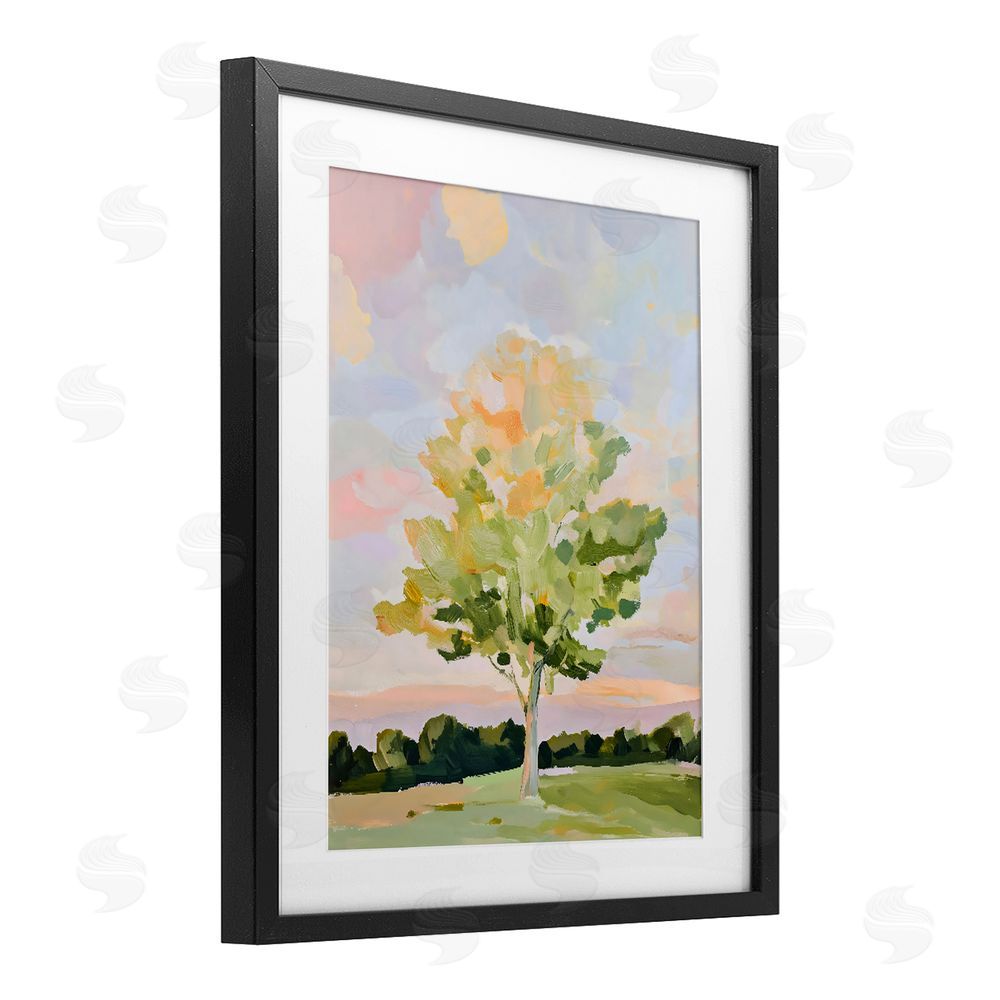 The Prints Vibe Sunlit Tree Landscape Impression Black Framed Print Under Glass with White Mat Wall Art