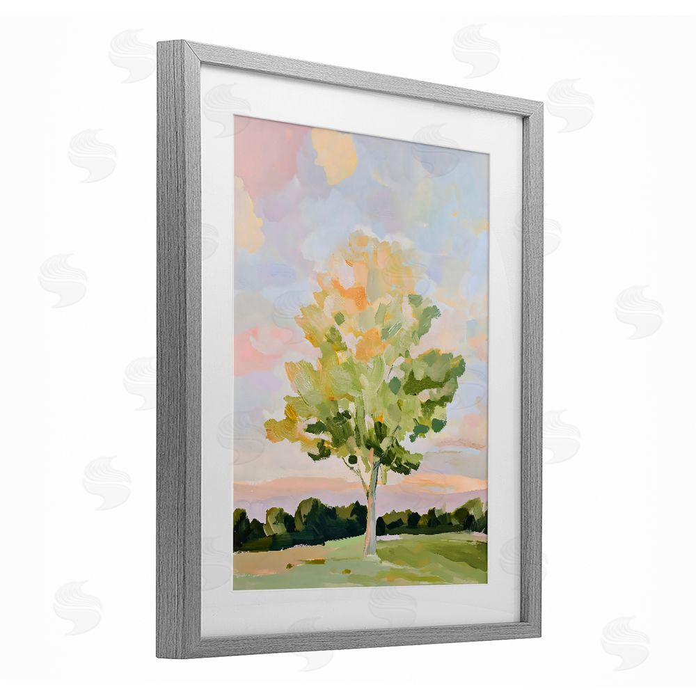 The Prints Vibe Sunlit Tree Landscape Impression Gray Framed Print Under Glass with White Mat Wall Art
