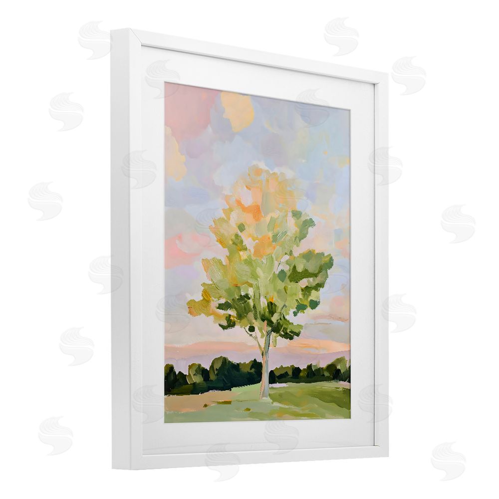 The Prints Vibe Sunlit Tree Landscape Impression White Framed Print Under Glass with White Mat Wall Art