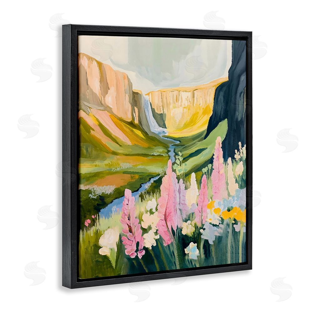 The Prints Vibe Waterfall and Valley in Bloom Black Floating Framed Canvas Wall Art Print