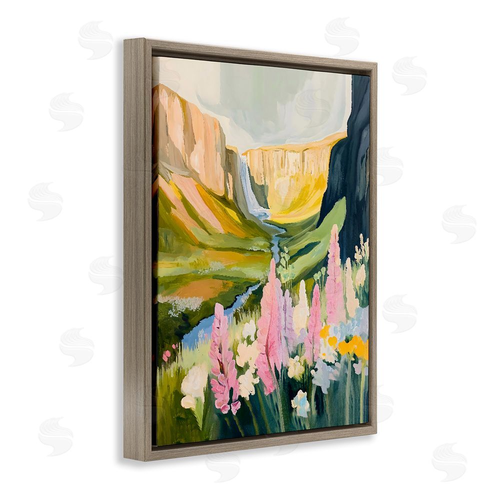 The Prints Vibe Waterfall and Valley in Bloom Brown Floating Framed Canvas Wall Art Print
