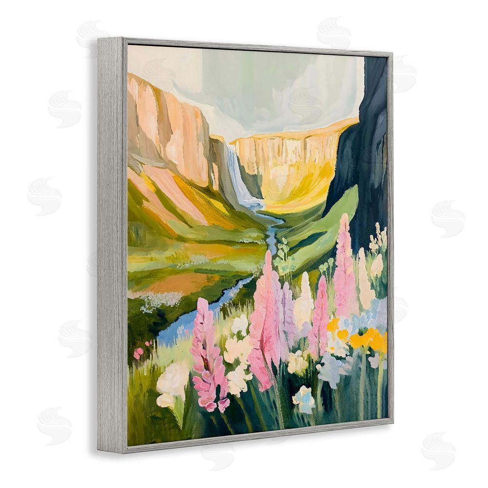 The Prints Vibe Waterfall and Valley in Bloom Gray Framed Giclee Wall Art Print