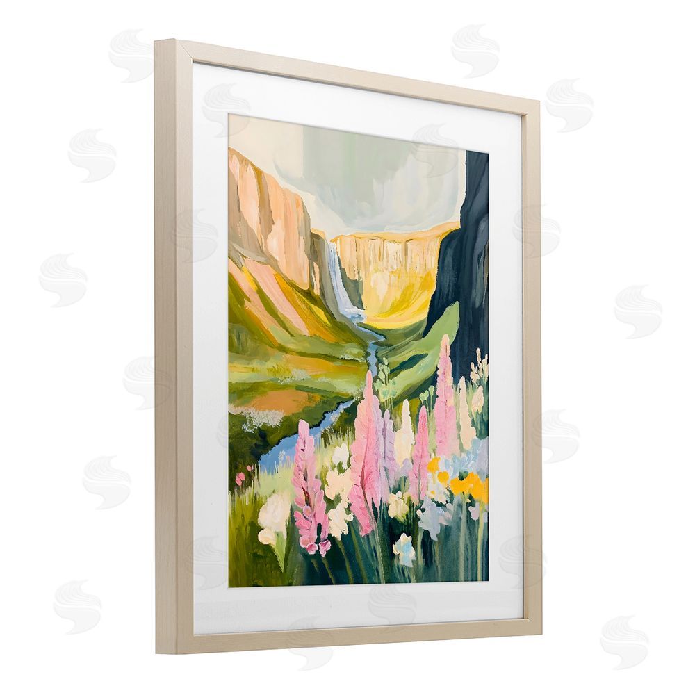The Prints Vibe Waterfall and Valley in Bloom Brown Framed Print Under Glass with White Mat Wall Art
