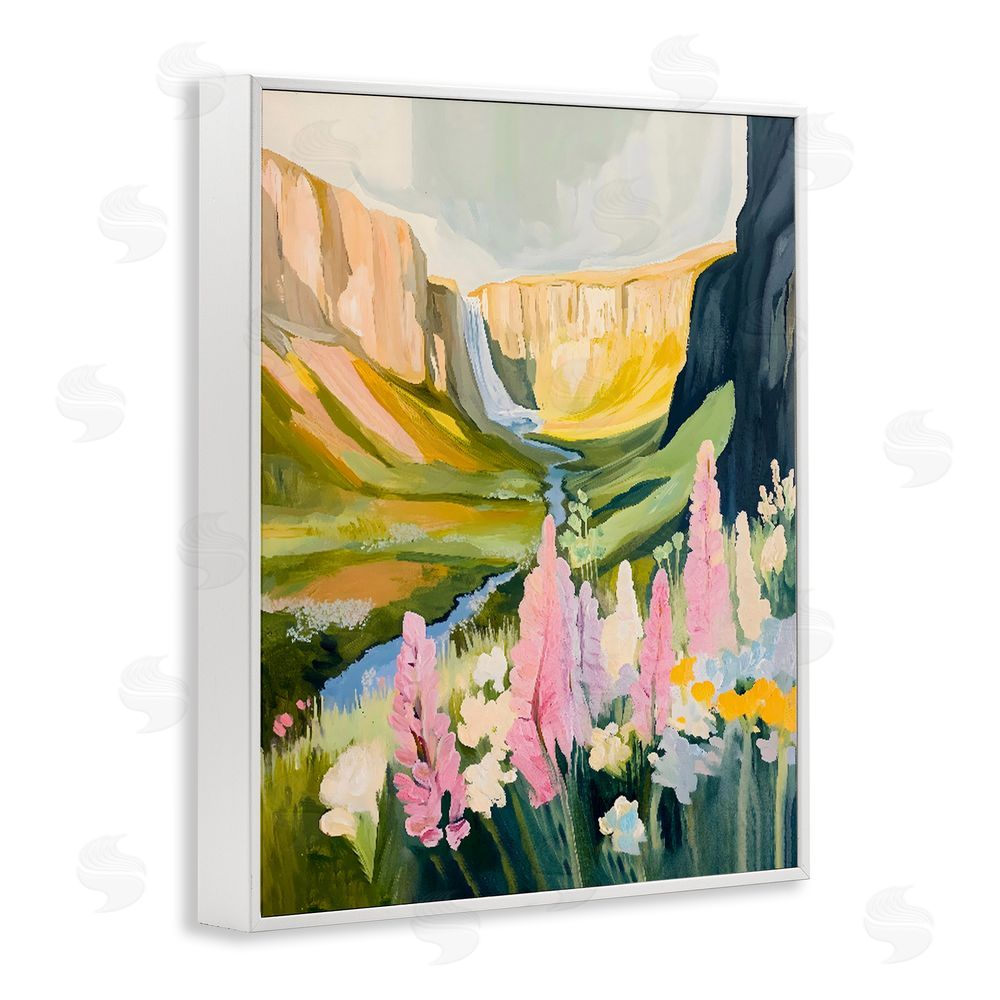 The Prints Vibe Waterfall and Valley in Bloom White Framed Giclee Wall Art Print