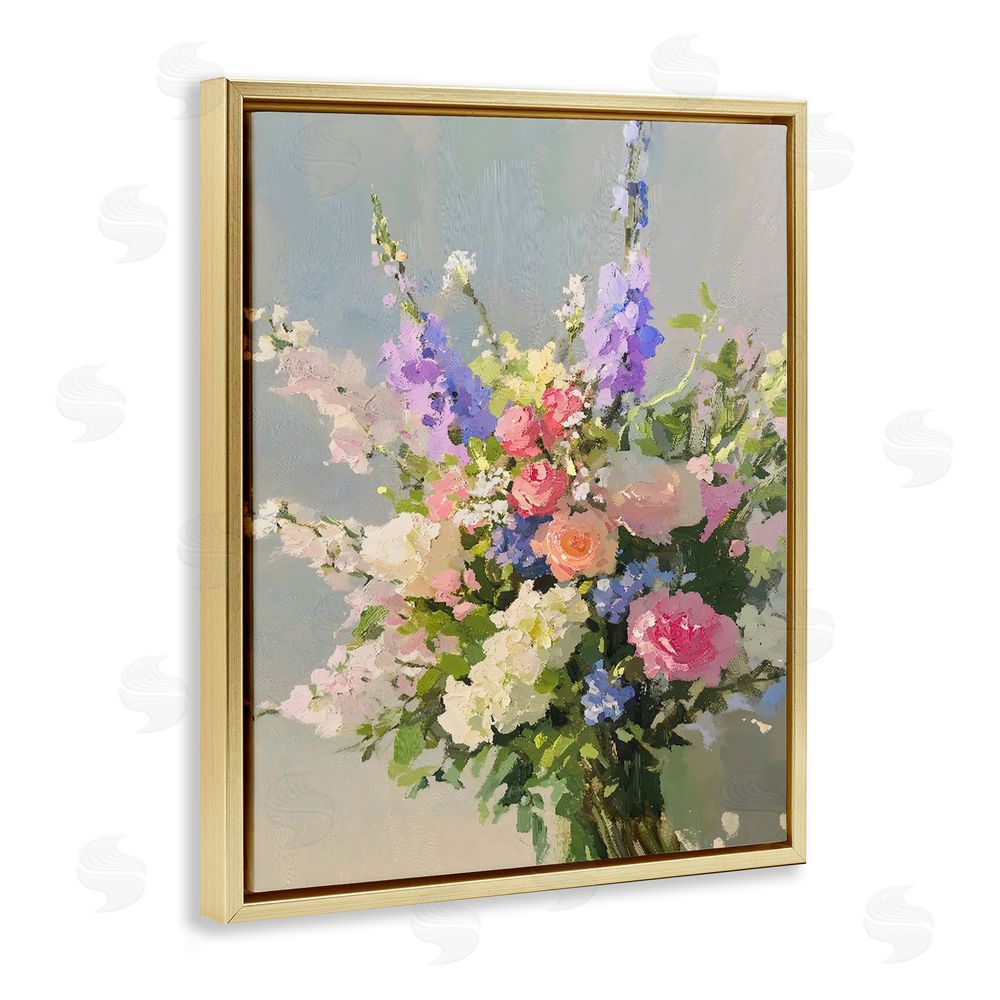 The Prints Vibe Romantic Pastel Garden Bouquet Gold Floating Framed Canvas Wall Art
