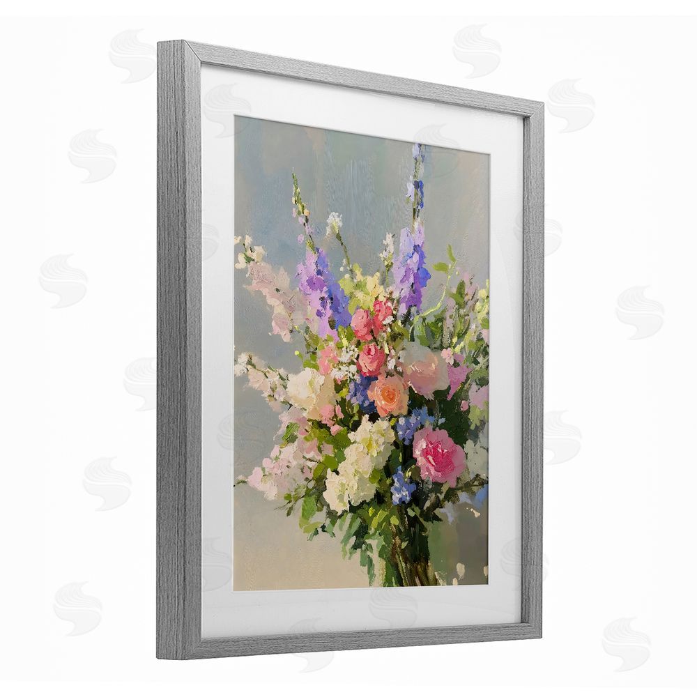 The Prints Vibe Romantic Pastel Garden Bouquet Gray Framed Print Under Glass Wall Art