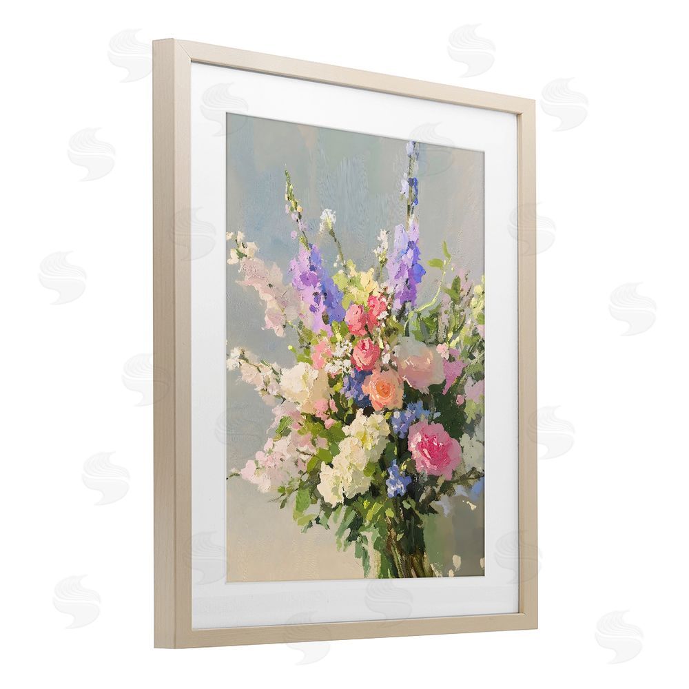 The Prints Vibe Romantic Pastel Garden Bouquet Brown Framed Print Under Glass Wall Art