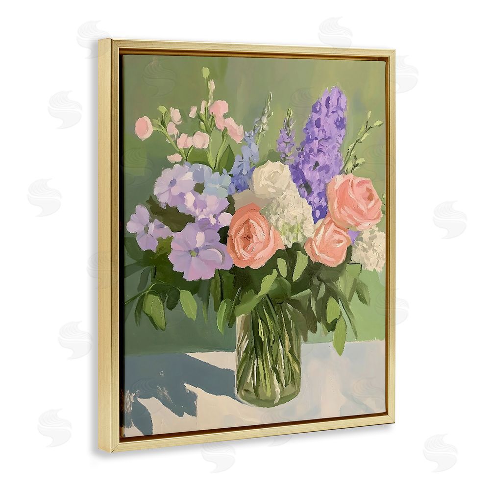 The Prints Vibe Mixed Roses & Lilacs Bouquet Gold Floating Framed Canvas Wall Art