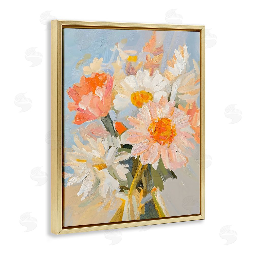 The Prints Vibe Orange Spring Floral Bouquet Gold Floating Framed Canvas Wall Art