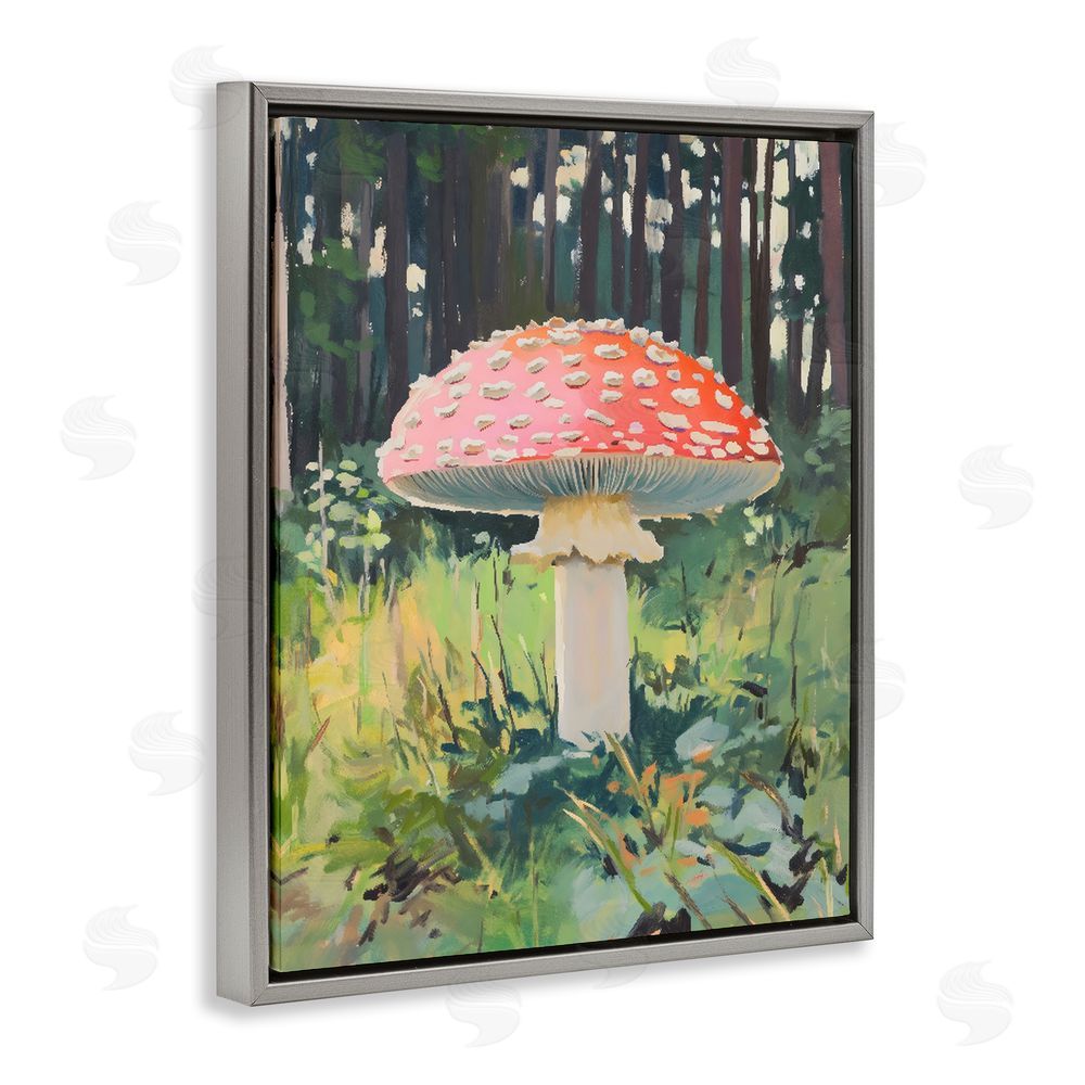 The Prints Vibe Red Mushroom in Sunlit Forest Gray Floating Framed Canvas Wall Art