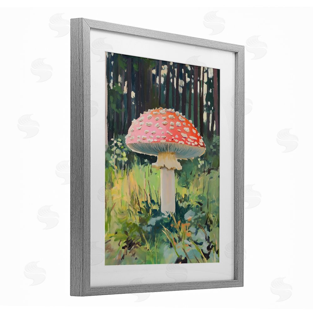 The Prints Vibe Red Mushroom in Sunlit Forest Gray Framed Print Under Glass Wall Art