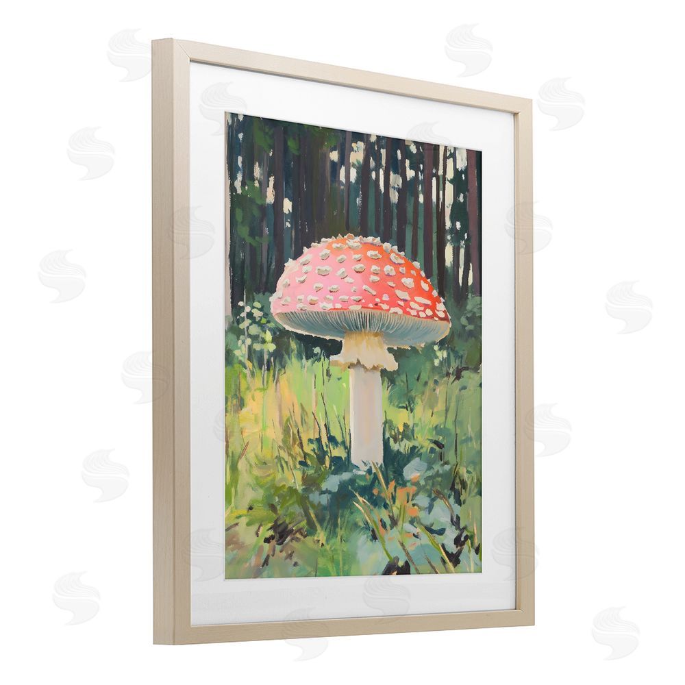 The Prints Vibe Red Mushroom in Sunlit Forest Brown Framed Print Under Glass Wall Art