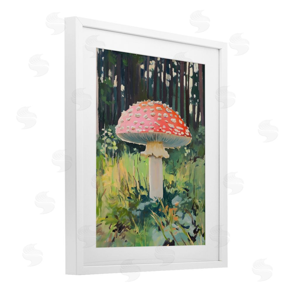The Prints Vibe Red Mushroom in Sunlit Forest White Framed Print Under Glass Wall Art