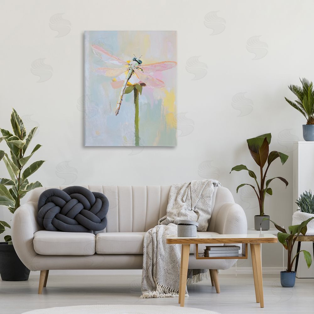 The Prints Vibe Pastel Dragonfly Landing Stretched Canvas Wall Art in Room