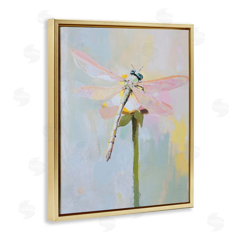 The Prints Vibe Pastel Dragonfly Landing Gold Floating Framed Canvas Wall Art