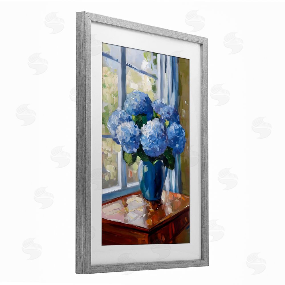Creative Studio Winter Hydrangeas by Window Gray Framed Print Under Glass with White Mat Wall Art