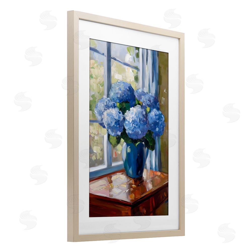 Creative Studio Winter Hydrangeas by Window Brown Framed Print Under Glass with White Mat Wall Art