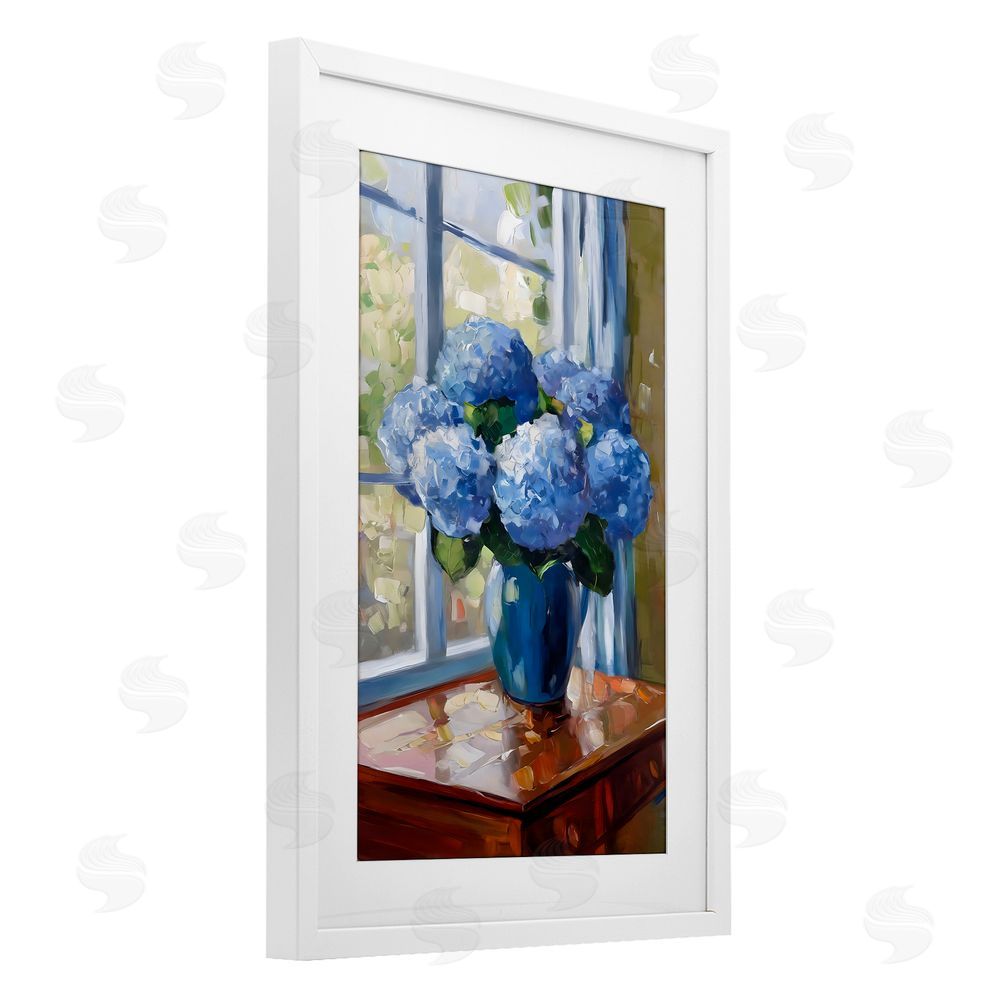 Creative Studio Winter Hydrangeas by Window White Framed Print Under Glass with White Mat Wall Art