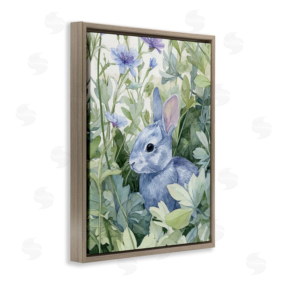 Franklyn Gregory Blue Bunny Among Leaves Brown Floating Frame Stretched Canvas Wall Art Print