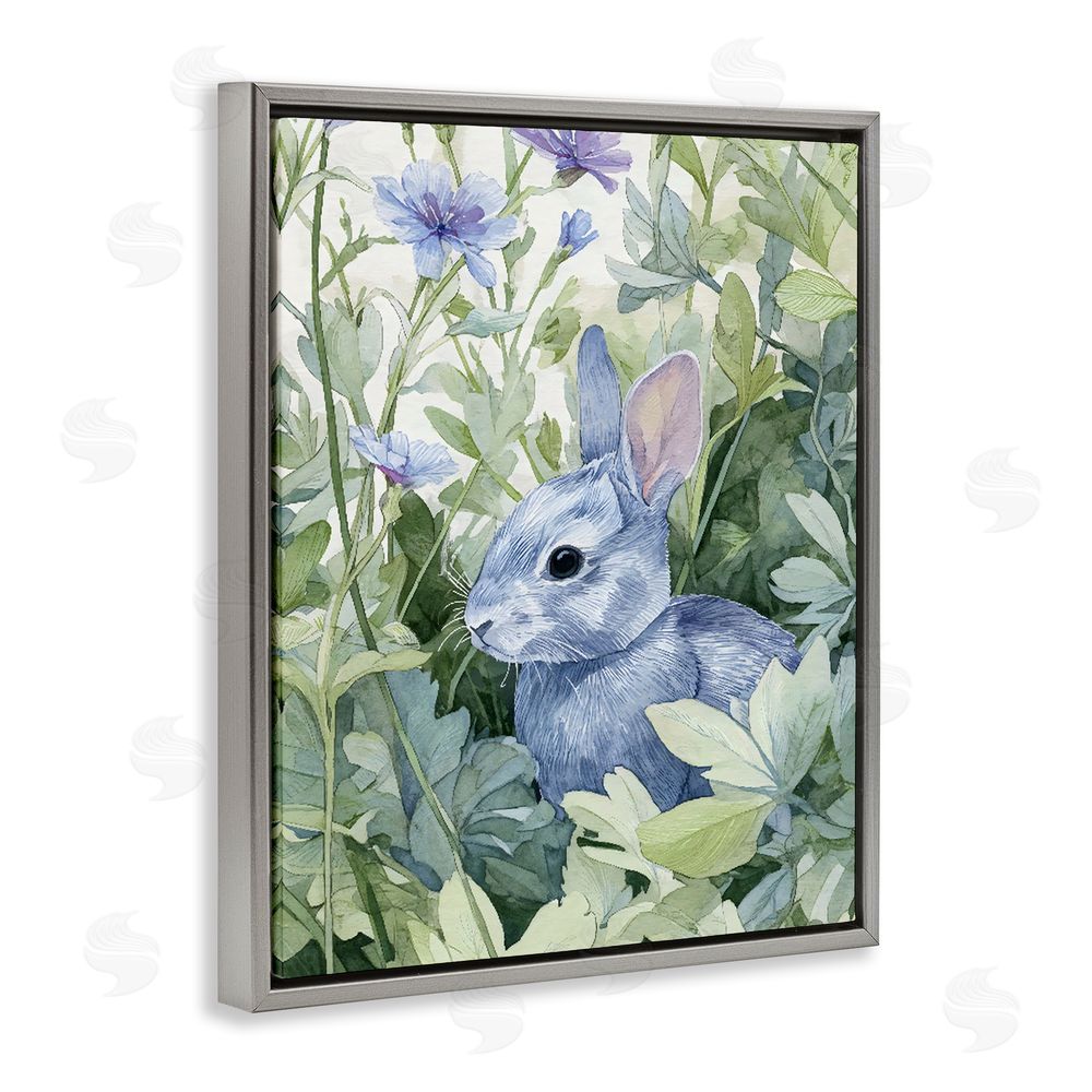 Franklyn Gregory Blue Bunny Among Leaves Gray Floating Frame Stretched Canvas Wall Art Print