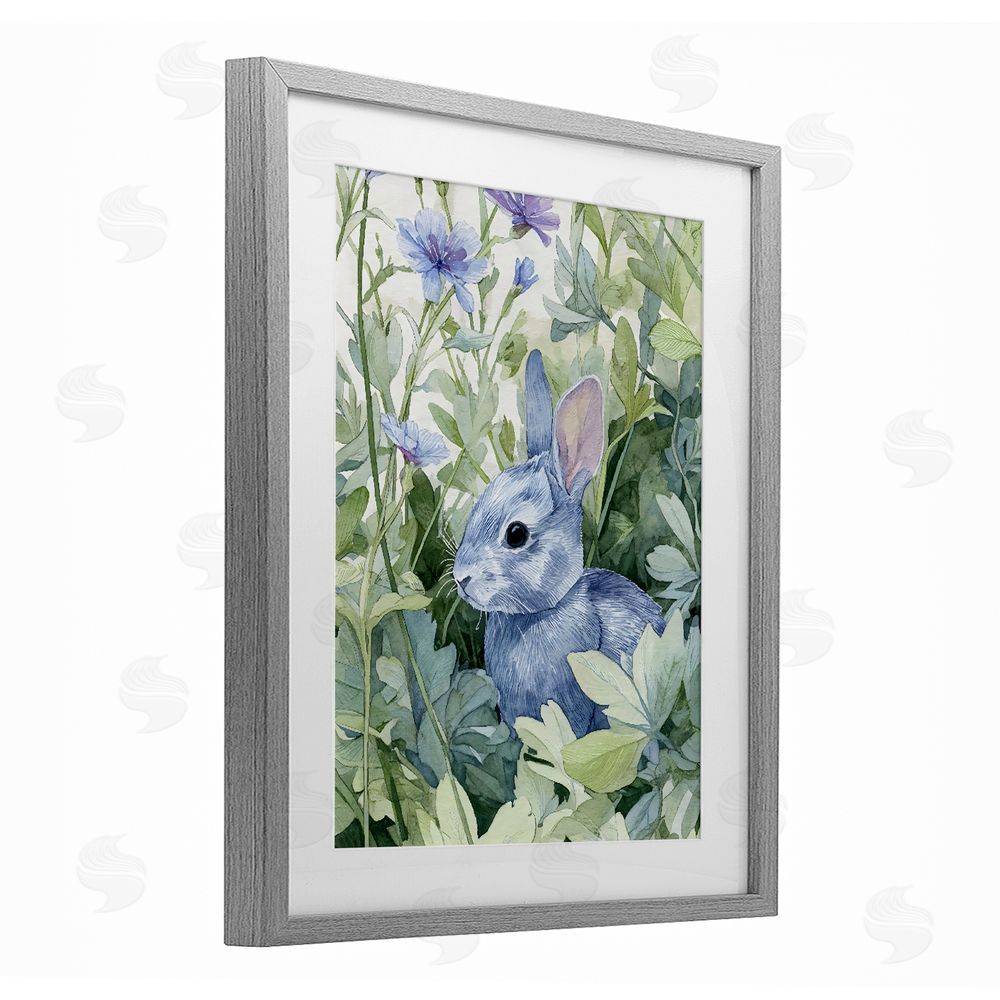 Franklyn Gregory Blue Bunny Among Leaves Gray Framed Print Under Glass with Matting Wall Art