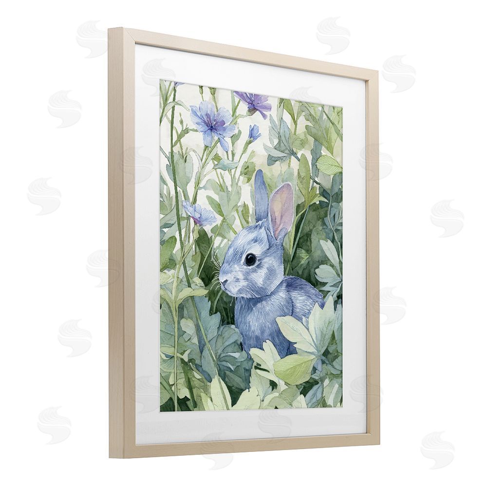 Franklyn Gregory Blue Bunny Among Leaves Brown Framed Print Under Glass with Matting Wall Art