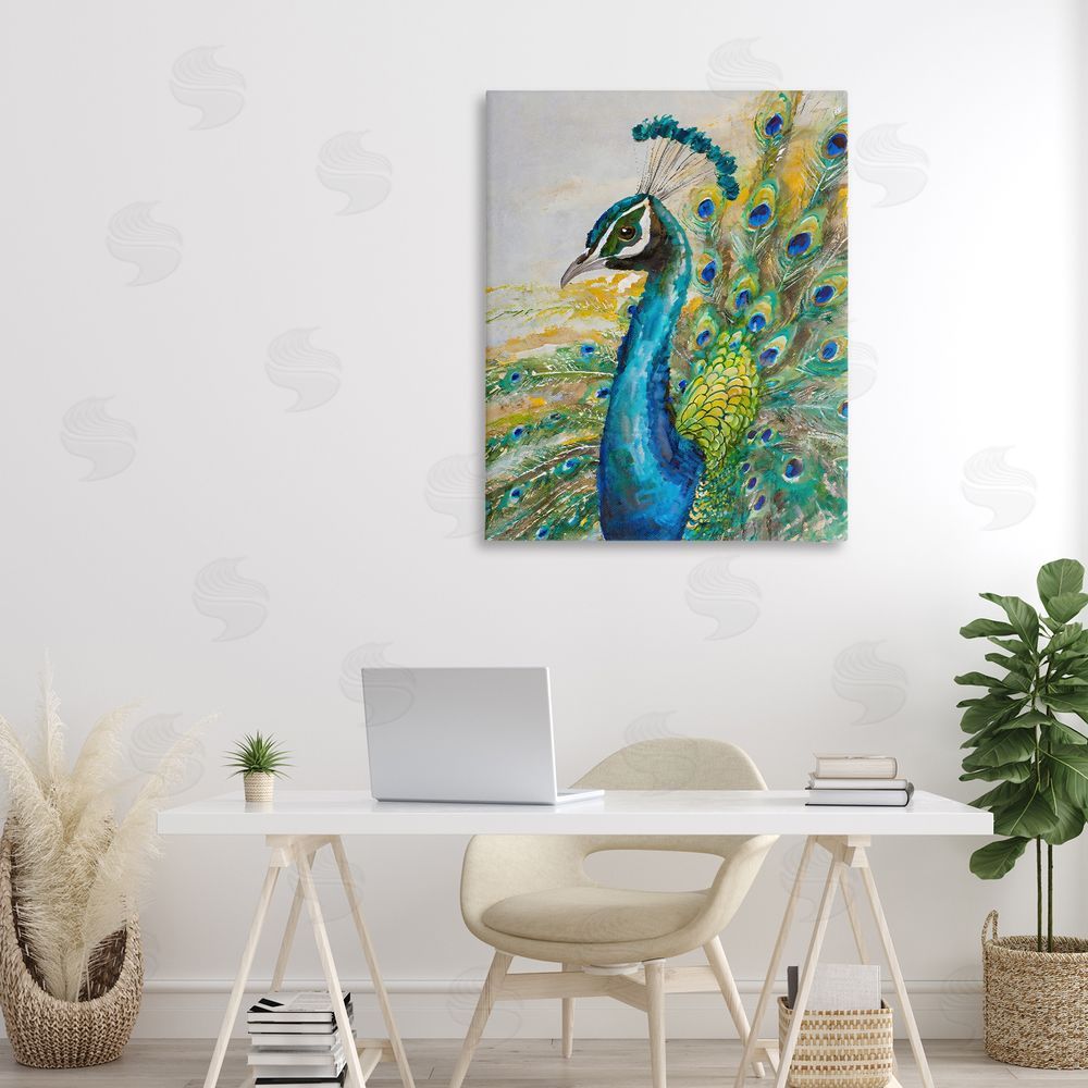 Creative Studio Regal Blue Peacock Feathers Stretched Canvas Wall Art in Room