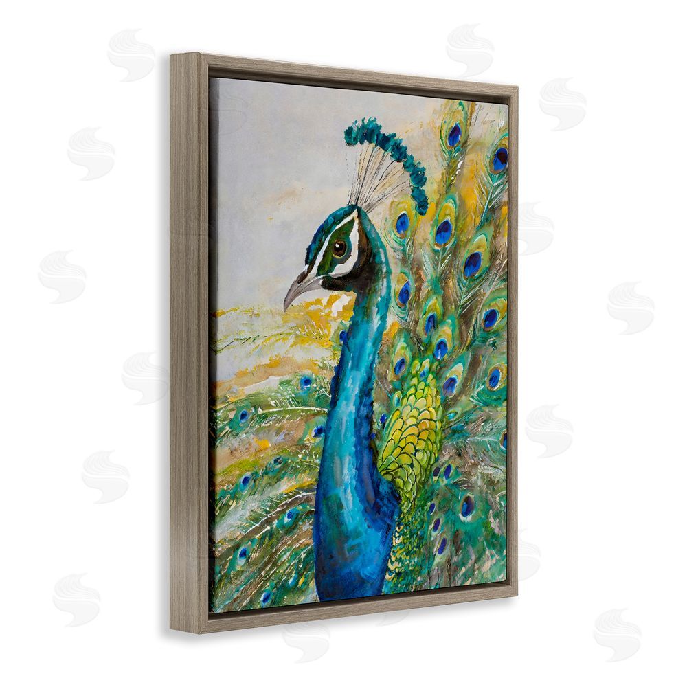 Creative Studio Regal Blue Peacock Feathers Brown Floating Framed Canvas Wall Art