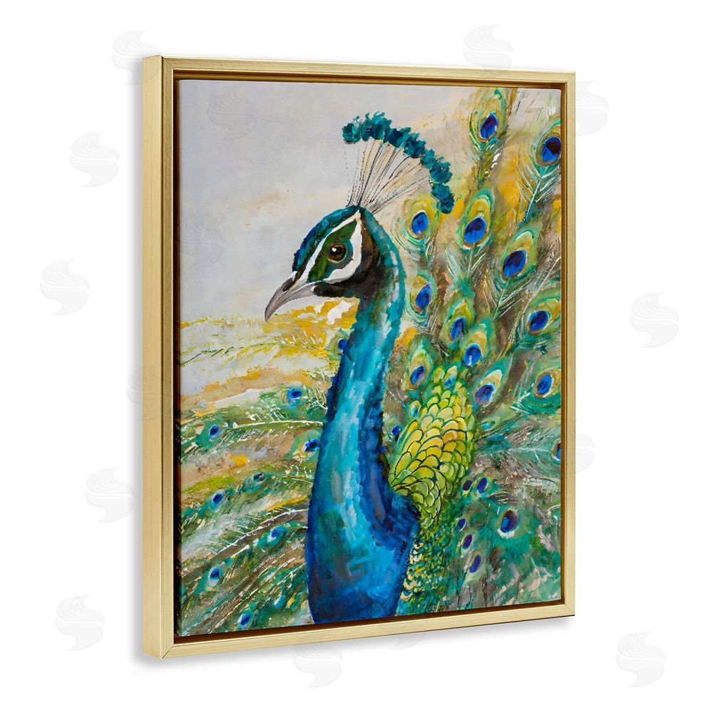 Creative Studio Regal Blue Peacock Feathers Gold Floating Framed Canvas Wall Art