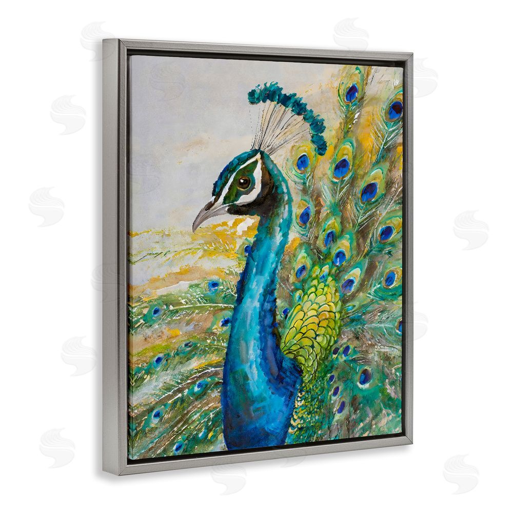 Creative Studio Regal Blue Peacock Feathers Gray Floating Framed Canvas Wall Art
