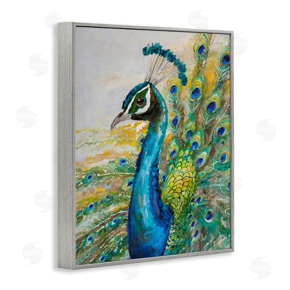 Creative Studio Regal Blue Peacock Feathers Gray Framed Giclee Wall Art