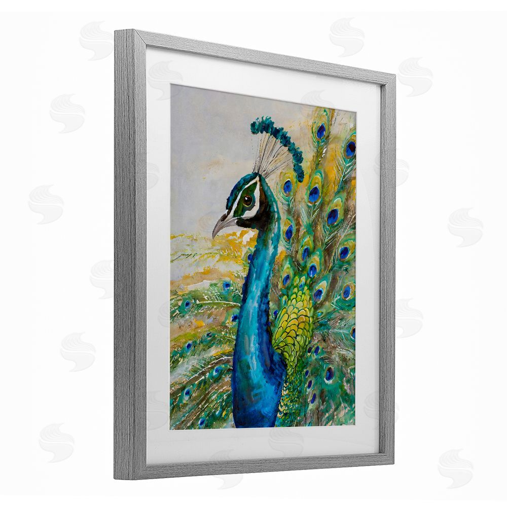 Creative Studio Regal Blue Peacock Feathers Gray Framed Print Under Glass Wall Art