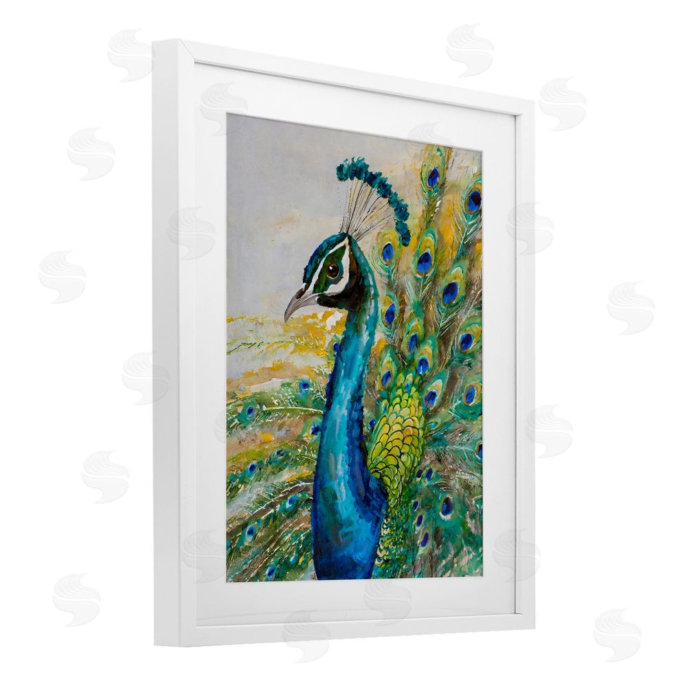 Creative Studio Regal Blue Peacock Feathers White Framed Print Under Glass Wall Art