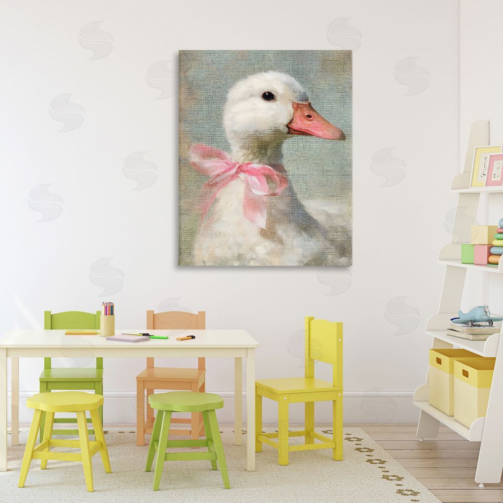 LSR Design Studio Portrait of Pink Bow Goose Stretched Canvas Wall Art in Room