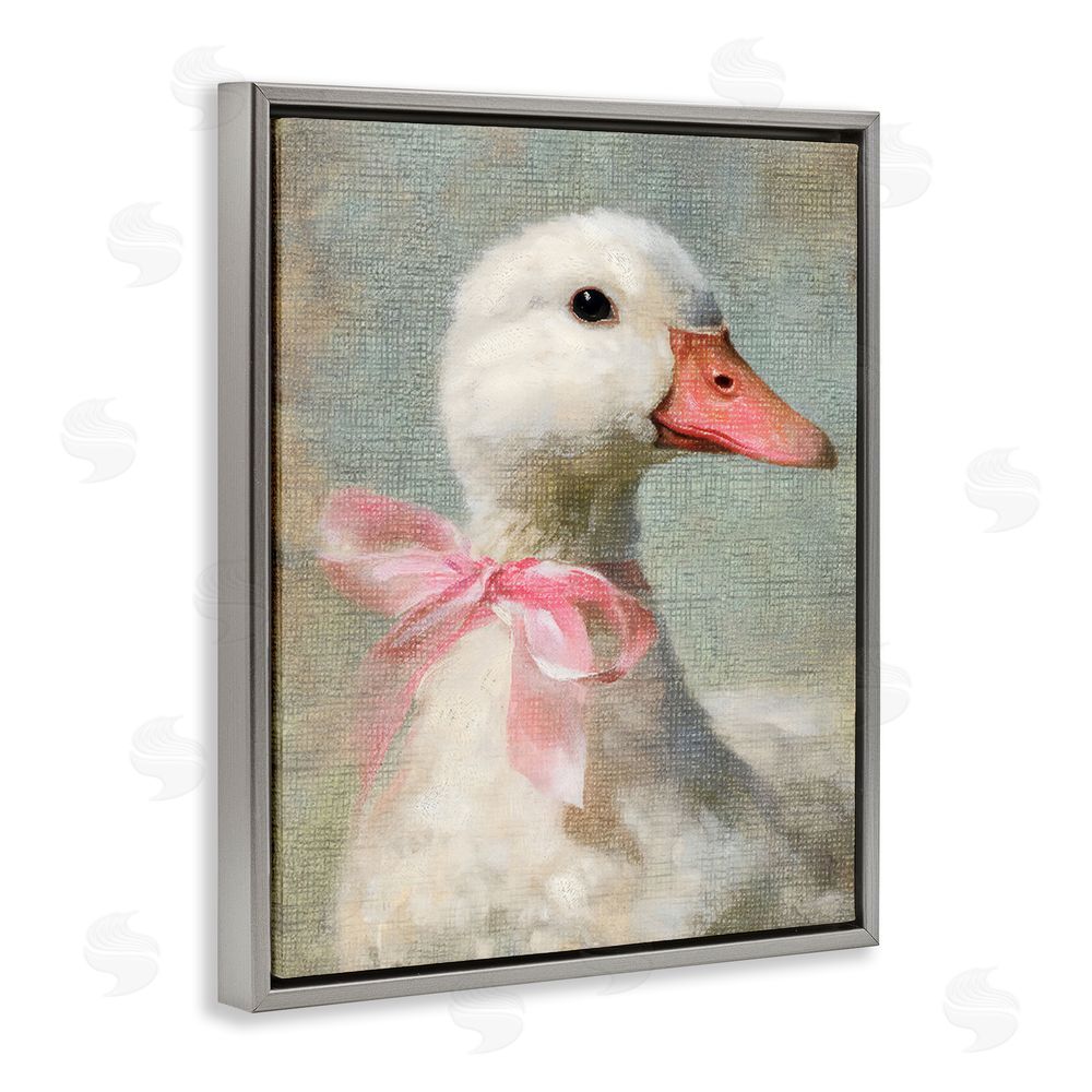 LSR Design Studio Portrait of Pink Bow Goose Gray Floating Framed Canvas Wall Art