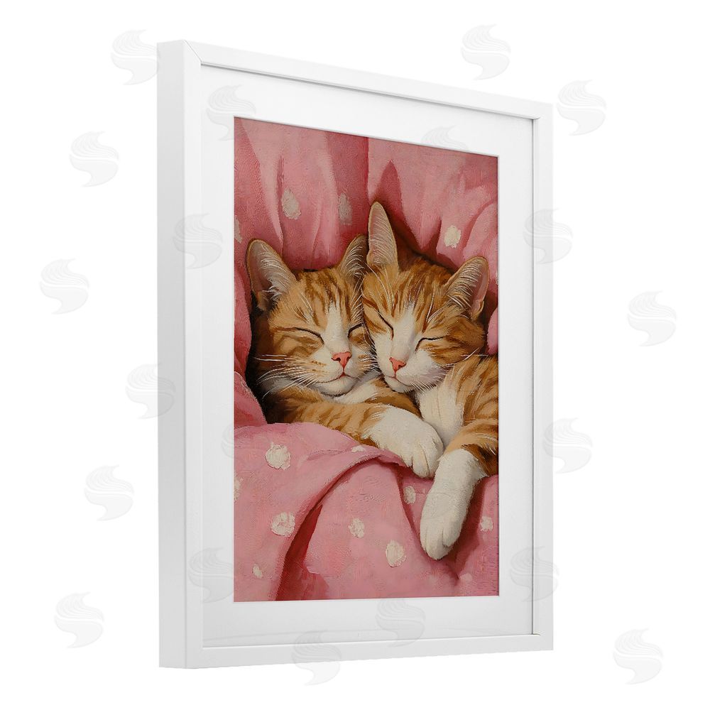 The Prints Vibe Sleeping Orange Cats Embrace White Framed Print Under Glass with White Mat Wall Art