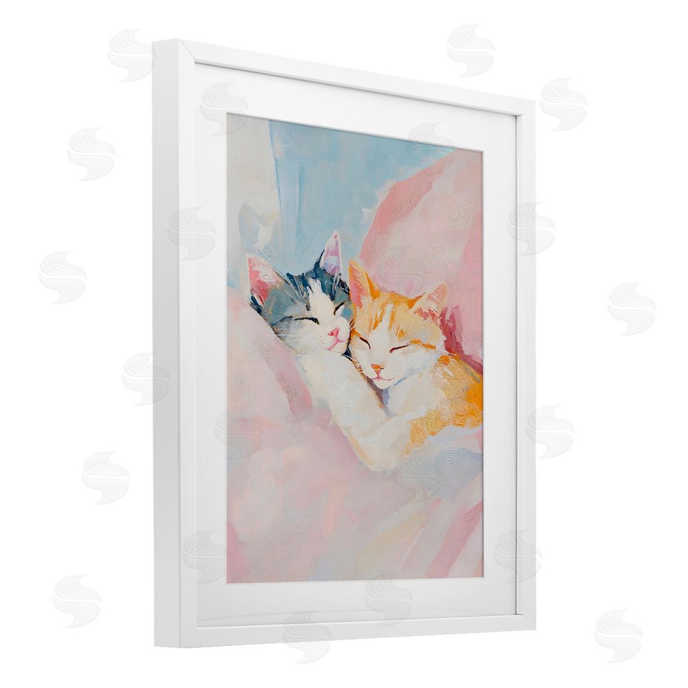 The Prints Vibe Sleeping Kittens Embrace White Framed Print Under Glass with White Mat Wall Art
