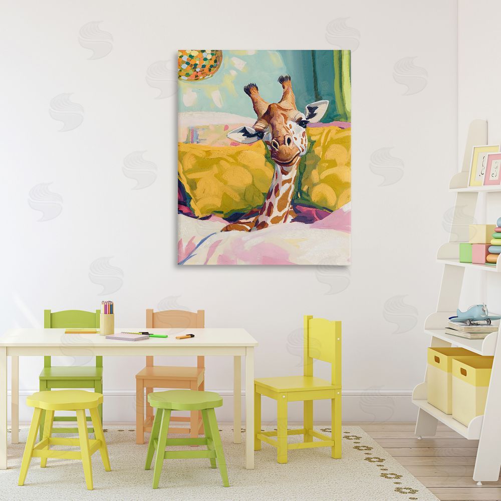 The Prints Vibe Cozy Giraffe in Bed Stretched Canvas Wall Art in Room