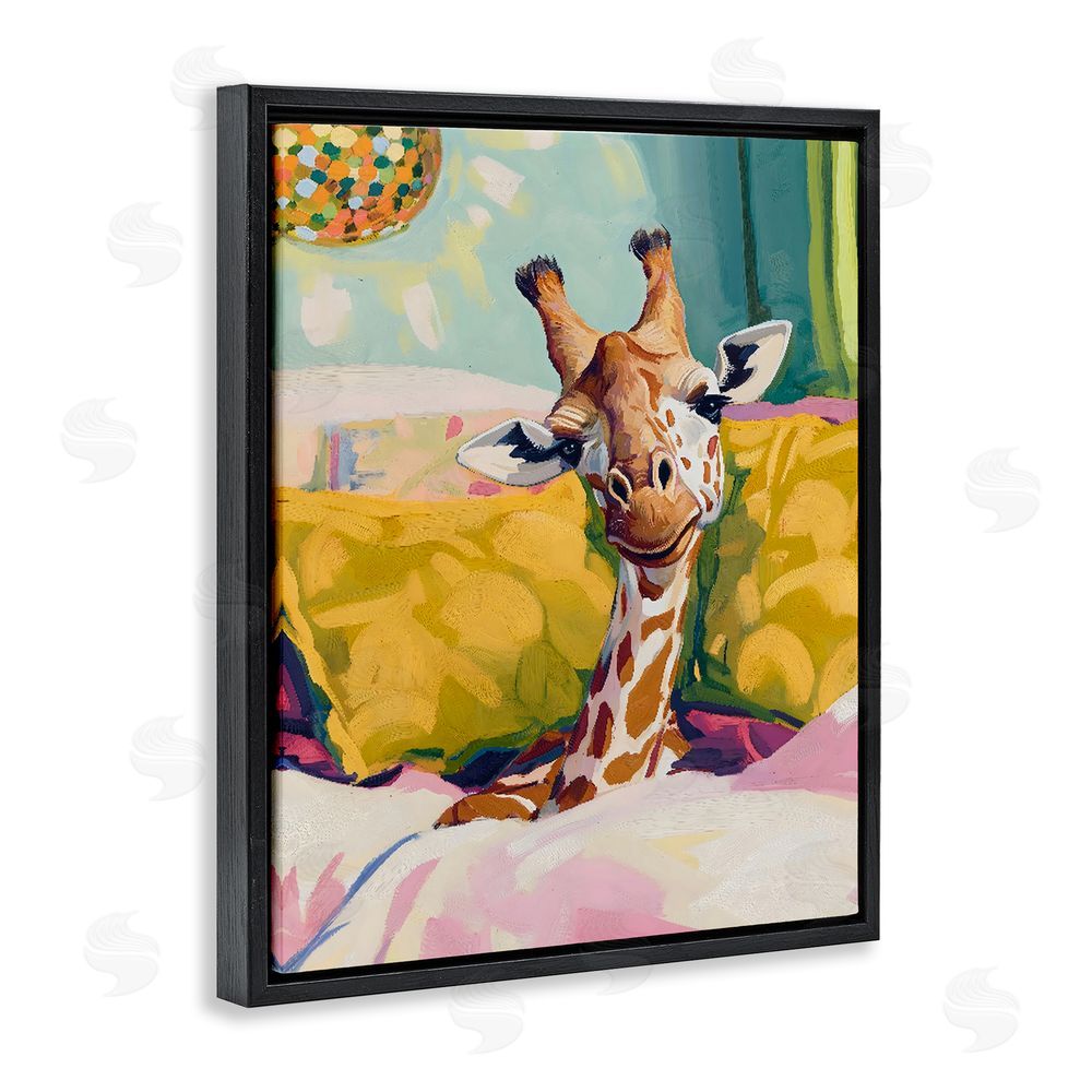 The Prints Vibe Cozy Giraffe in Bed Black Floating Frame Canvas Wall Art Print