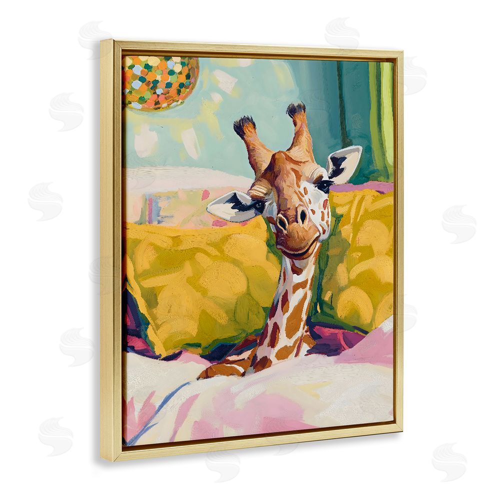 The Prints Vibe Cozy Giraffe in Bed Gold Floating Frame Canvas Wall Art Print
