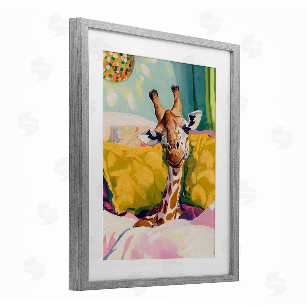 The Prints Vibe Cozy Giraffe in Bed Gray Framed Print Under Glass Wall Art