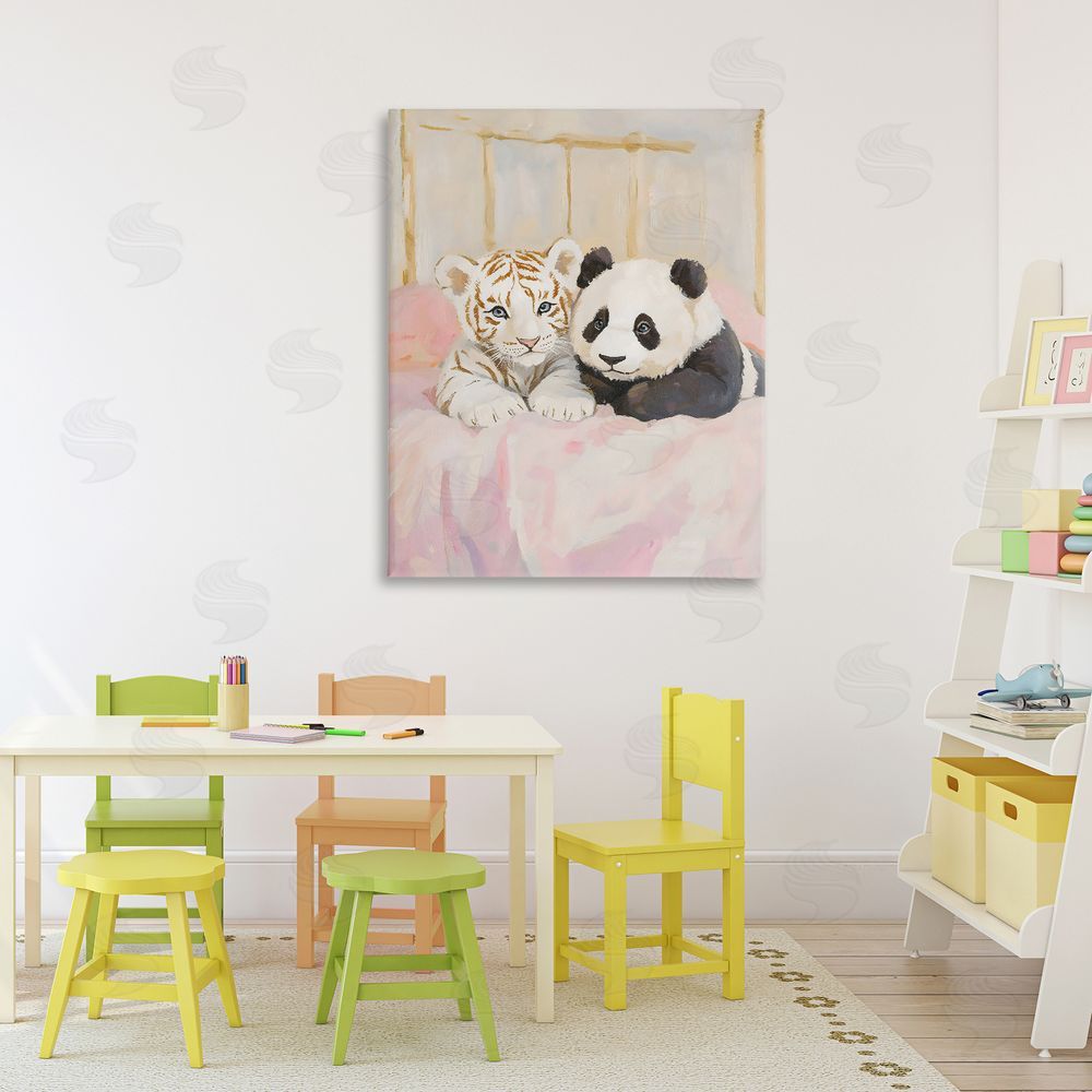 The Prints Vibe Baby Panda & Tiger Cuddles Stretched Canvas Wall Art Print in Room