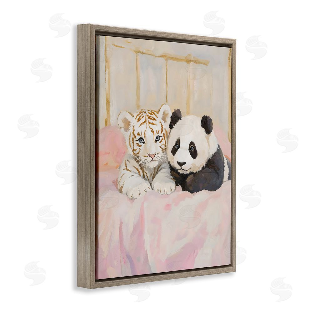The Prints Vibe Baby Panda & Tiger Cuddles Brown Floating Frame Stretched Canvas Wall Art Print