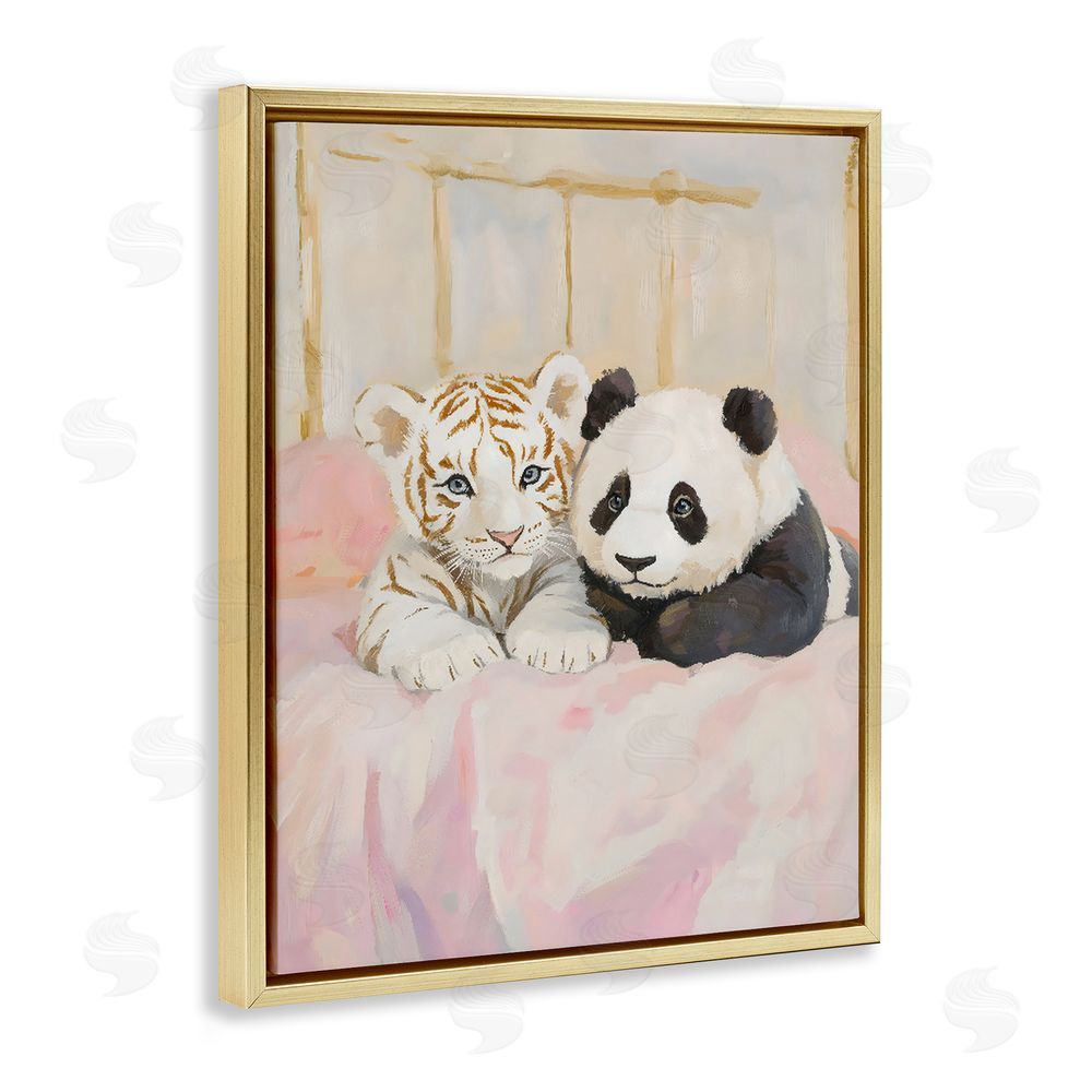 The Prints Vibe Baby Panda & Tiger Cuddles Gold Floating Frame Stretched Canvas Wall Art Print