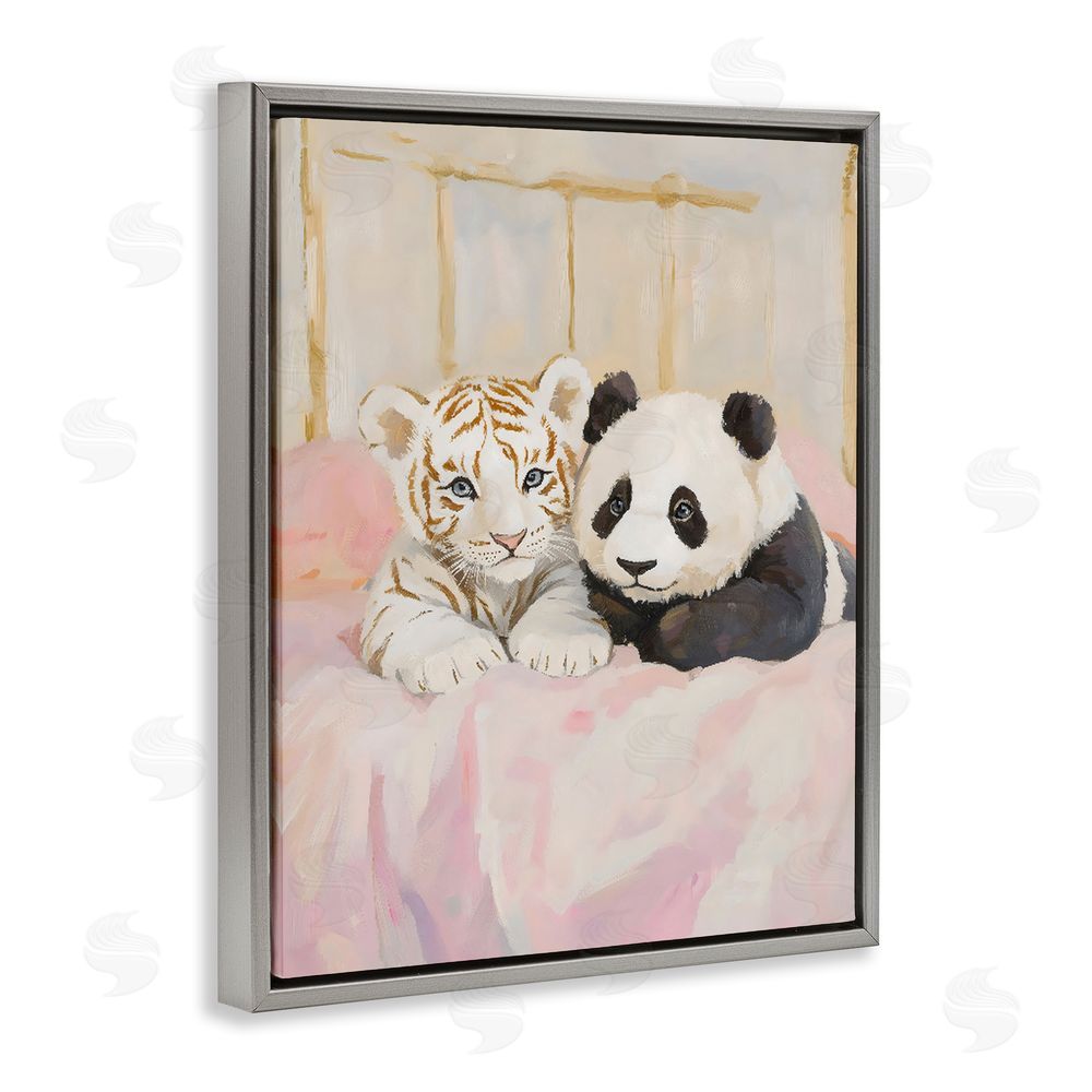 The Prints Vibe Baby Panda & Tiger Cuddles Gray Floating Frame Stretched Canvas Wall Art Print