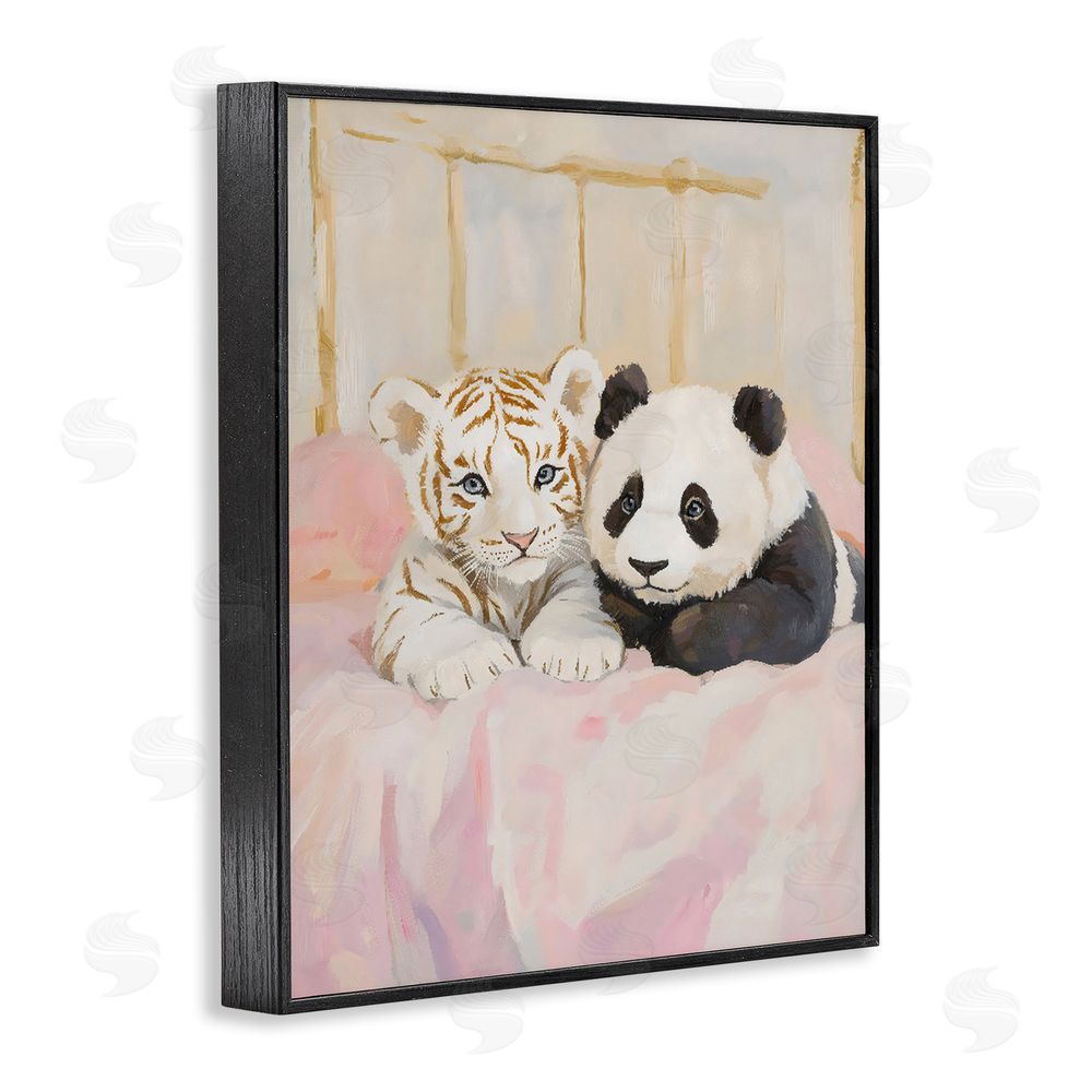 The Prints Vibe Baby Panda & Tiger Cuddles Black Framed Giclee Wall Art Print